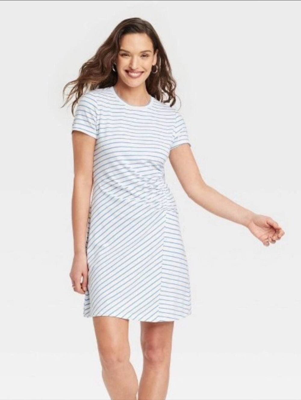 Universal Thread Blue White Striped Ruched Knit Mini Tshirt Dress S